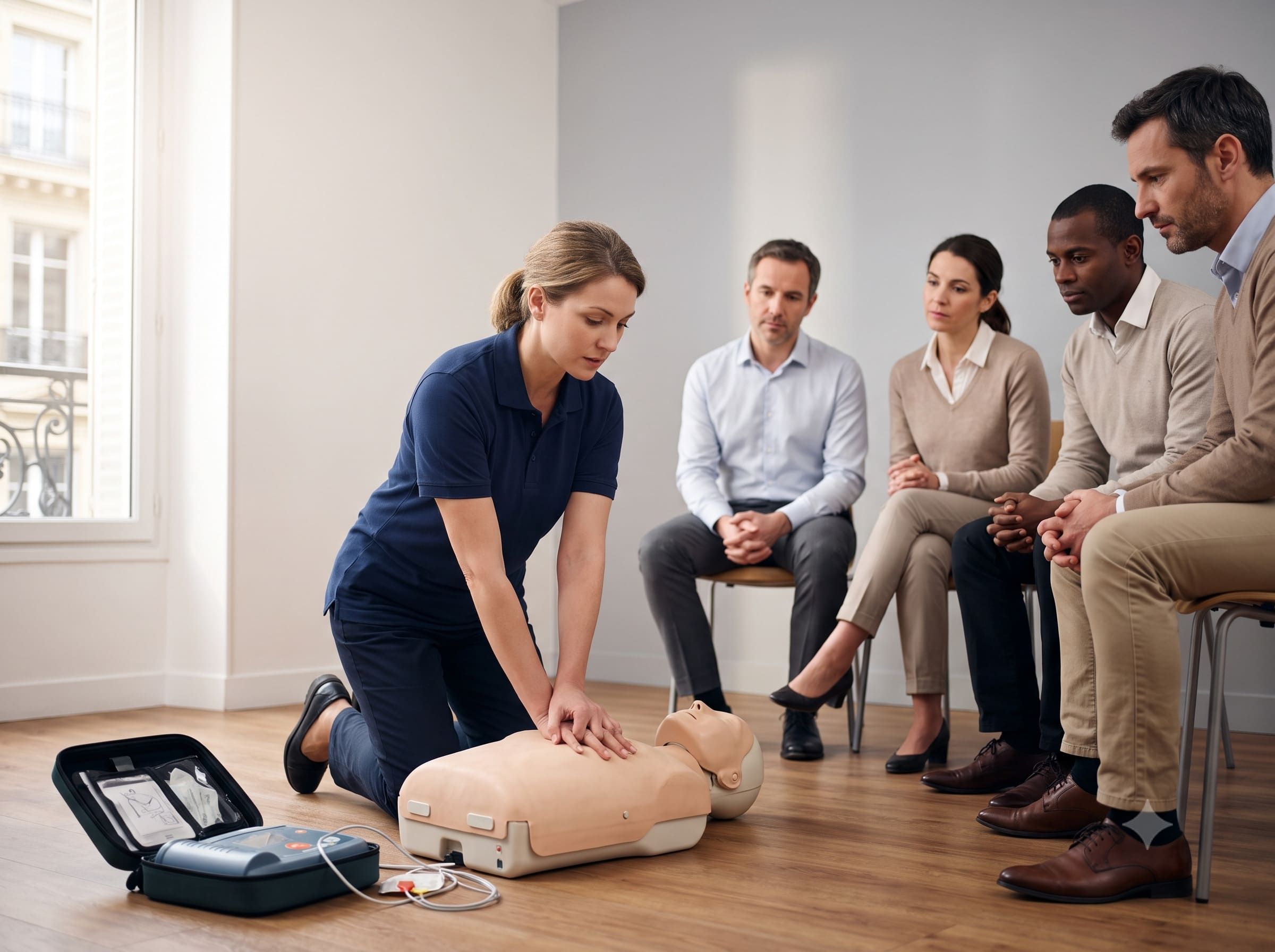 Formateur SPF animant une session SST devant un groupe de stagiaires